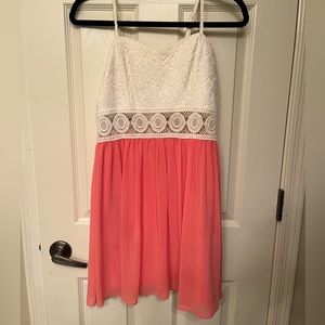 BCX spaghetti strap coral pink dress with lace bodice